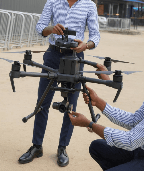Slide 3 — Two men in striped shirts are preparing a large drone for operation, one holding the remote and the other adjusting the camera.